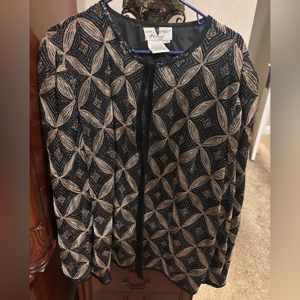 Papell Boutique Black and Gold Beaded Open-Front Jacket